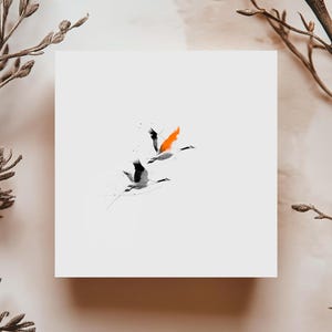 Carte oies sauvages en vol style minimaliste graphique fond blanc touche orange parfaite pour anniversaire remerciement ou toute occasion