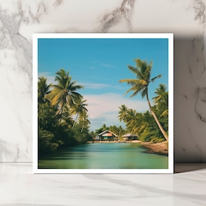 Wenskaart tropisch eiland Palmboom paradijs kaart kustlandschap kaart Blanco vakantiekaart Unieke strandkaart Natuurliefhebber kaart