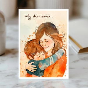 Carte Étreinte Maternelle, Aquarelle Mère Enfant, Joyeuse Fête des Mères, Amour Mère et Fils, Moments Précieux Carte