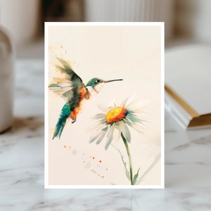 Carte Colibri et Marguerite, Carte Fleur Aquarelle, Carte Inspiration Nature, Oeuvre Botanique, Carte de salutation pour jardiniers!