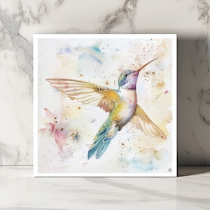 Carte Colibri Style Aquarelle Carte Oiseau Colorée Carte Oiseau Vif Carte de Vœux Colibri Carte d'Art Unique