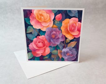 Biglietto d'auguri floreale colorato, biglietto con fiori vivaci, biglietto elegante e artistico, biglietto d'auguri per anniversario