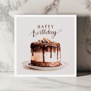 Cartão de aniversário em aquarela com bolo de chocolate, elegante cartão de feliz aniversário para adulto, cartão de celebração simples e doce com detalhes de glacê