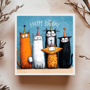 Carte anniversaire chats drôles cartoon fête chapeaux rigolos humour animaux joyeux anniversaire fun carte mignonne originale