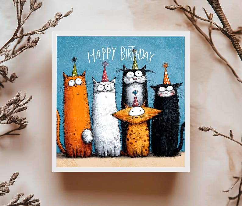 Funny Cat Birthday Card Cartoon Cute Cats in Party Hats Fun Animal ...