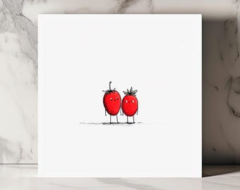 Cute Greeting Card with Two Strawberries Friends Illustration Minimalist Funny Fruit Design for Birthday Anniversary or Any Occasion