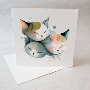 Carte de souhaits chats endormis illustration aquarelle douce et minimaliste ambiance calme et tendre pour toute occasion ou amitié