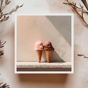 Ice cream cones greeting card cute minimalist summer illustration with heart romantic or friendship gift for birthday or sweet occasion