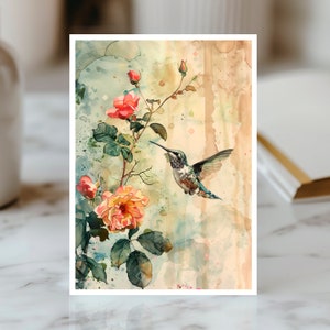 Carte Colibri Rose, Carte Fleur Aquarelle, Carte Inspiration Nature, Oeuvre Botanique, Carte Salutation Jardinier