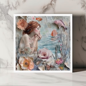 Carte de souhaits élégante avec sirène et fleurs, carte de voeux artistique, carte fantaisie sous-marine