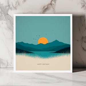 Carte anniversaire nature paysage coucher de soleil montagnes illustration minimaliste épurée zen carte de souhaits homme femme
