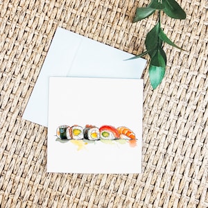 寿司グリーティングカード、日本の料理アート、水彩画寿司イラスト、グルメカード、巻き寿司、握り寿司、グルメギフトアイデア