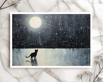 Moonlit, New Moon Cat Card Night Sky Card Watercolor Cat Card Starry Night Card Artistic Cat Card Unique Greeting Card