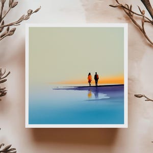 Carte deux amoureux sur la plage coucher de soleil pastel illustration romantique minimaliste pour anniversaire ou toute occasion