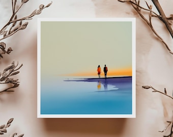 Romantic beach couple card pastel sunset minimalist illustration love card for birthday greeting or any special occasion
