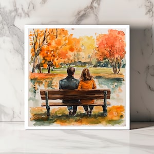 Carte Banc de Parc Automnal, Carte Romantique Automne, Carte Couple Amoureux, Carte Scénique Anniversaire, Carte Amour en Automne