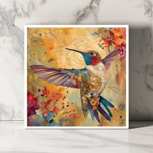 Carte Colibri et Fleurs Carte Colibri Aquarelle Carte Florale Oiseau Carte Colibri Mignon Carte d'Art Unique