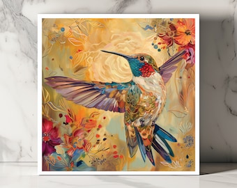 Hummingbird and Flowers Card Watercolor Bird Card Floral Hummingbird Card Cute Bird Greeting Card Unique Art Card