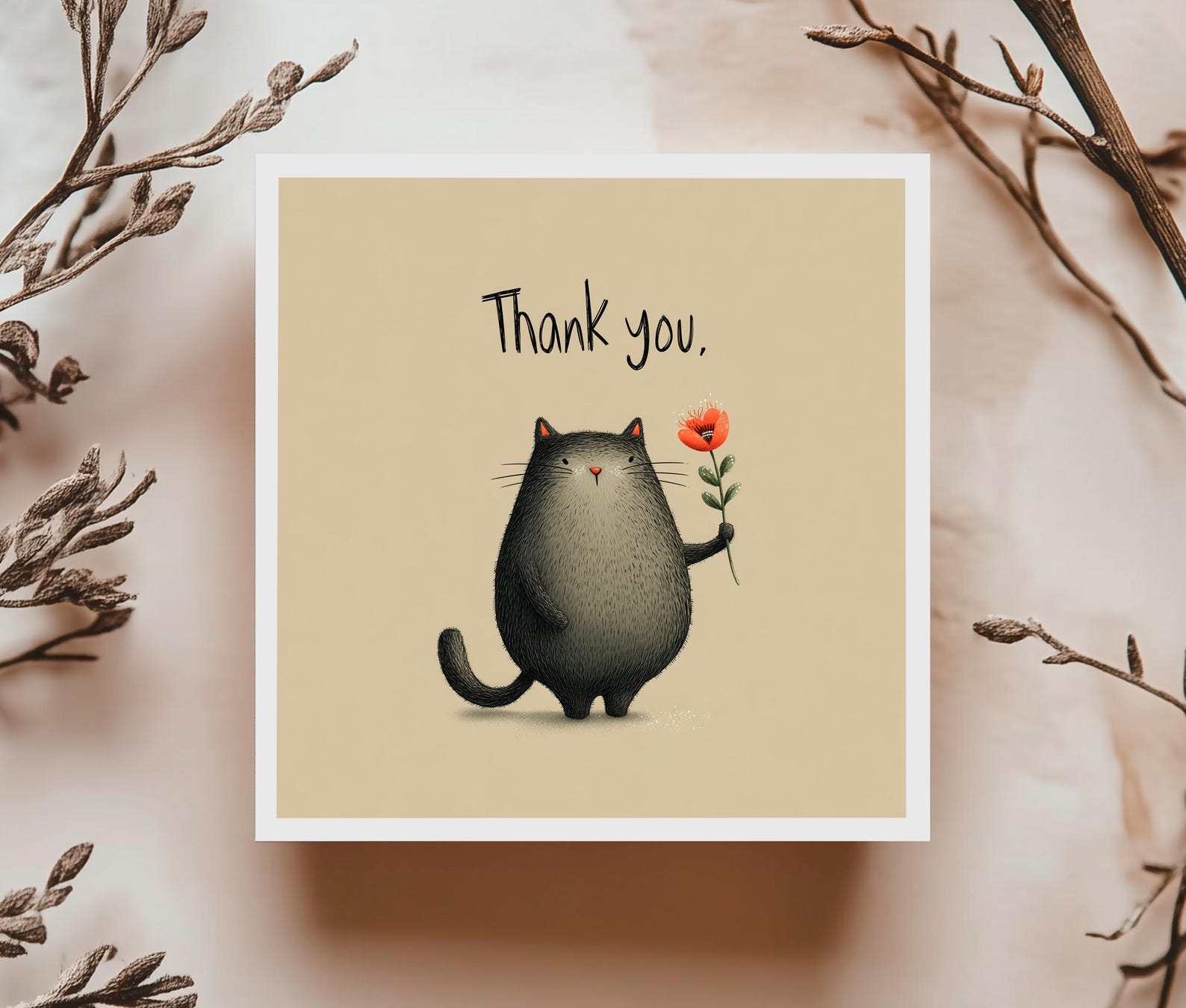Funny Cat Thank You Card Cute Minimalist Illustration With Flower ...