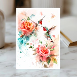 Carte Colibri Rose, Carte Fleur Aquarelle, Carte Inspiration Nature, Oeuvre Botanique, Carte Salutation Jardinier