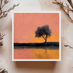 Carte de souhaits arbre de vie minimaliste illustration coucher de soleil nature calme art zen pour anniversaire ou toute occasion
