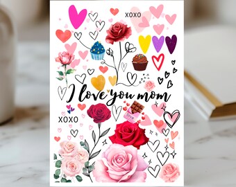 Carte Amour Maman, Carte Fête des Mères, Carte Coeur Floral, Anniversaire Maman, Carte Mère Colorée, Carte Personnalisable Maman