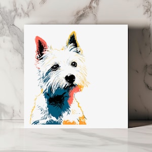 Carte chien terrier illustration colorée style pop art carte de souhait drôle pour anniversaire ou toute occasion chien blanc