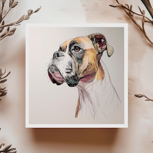 Carte chien boxer illustration minimaliste colorée dessin artistique sur fond blanc pour anniversaire ou toutes occasions
