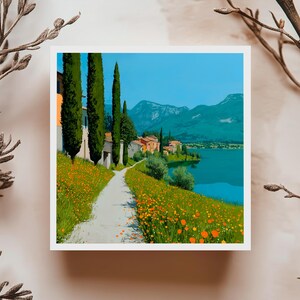Carte paysage lac italien chemin fleuri avec cyprès illustration estivale colorée pour anniversaire ou toutes occasions