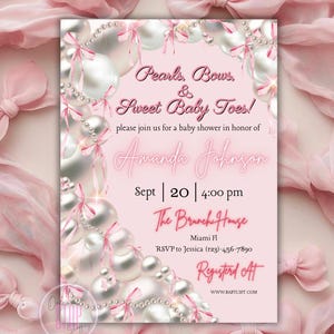 Pearls, Bows & Sweet Baby Toes Baby Shower Invitation Template - Editable Pink Baby Shower Invite with Pearls and Bows