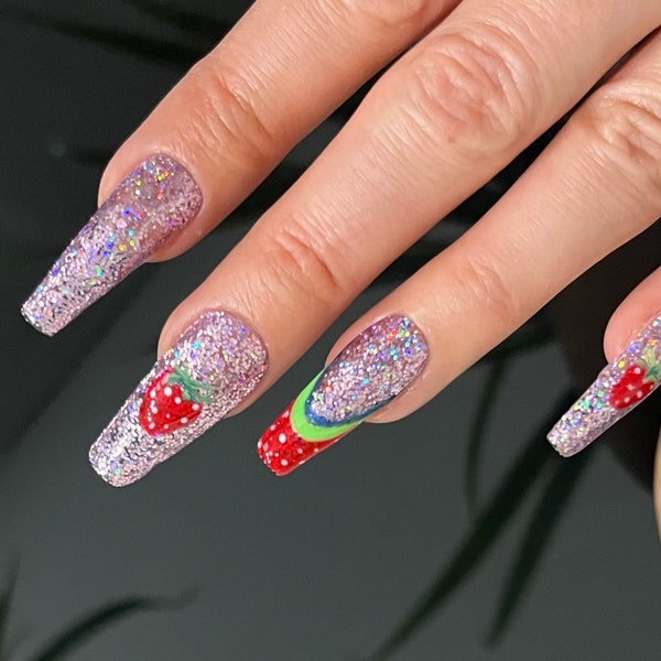 Nail art strawberry nails. Press on nails. Custom nail tips. Designers nails