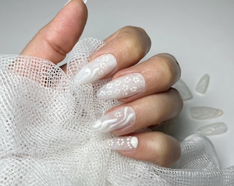 Bridal nails . Almond nails French stile classic shape press on nails gel tips with flower print. White wedding nails