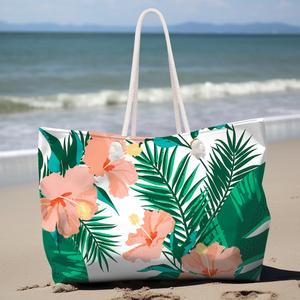 Tropical Flowers and Leaves Weekender Bag, beach tote, travel bag, rope handle bag, large beach bag for him or her, shopping bag, nautical