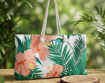 Tropical Floral Weekender Bag: Large Beach Tote with Rope Handles
