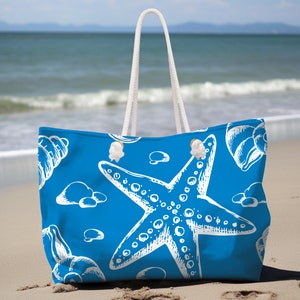 Bolsa de fin de semana con diseño de estrella de mar y concha azul: bolso de playa tropical