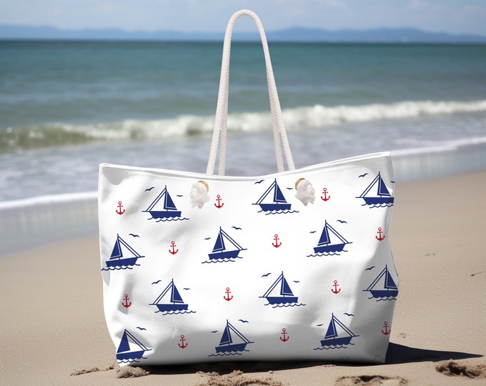 Sailboat and anchor large nautical weekender beach bag with rope handles, travel bag, shopping bag, gift for her, yoga bag, book bag