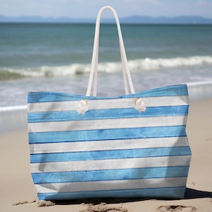 White and Blue Horizontal Line Weekender Bag, beach bag, travel bag, rope handle bag, shopping bag, large beach bag for him and her