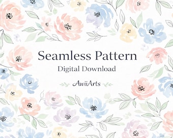 Pastel Floral Seamless Pattern – Digital Download, Watercolor Flower Repeat