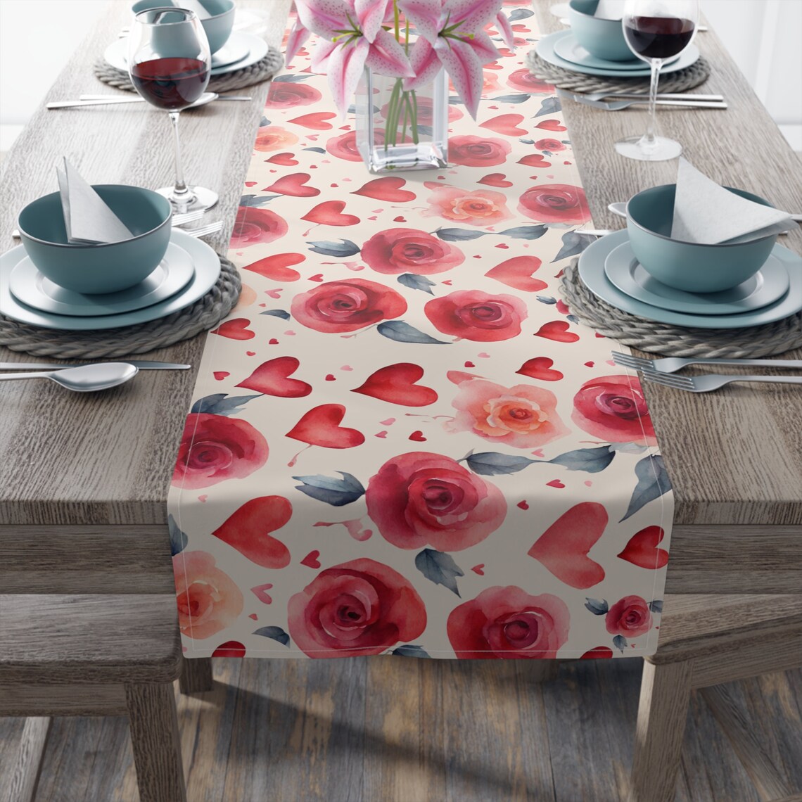 Valentines Table Runner, Hearts and Roses Table Runner, Valentine