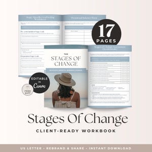 Könnte beinhalten: Ein kundenfertiges Arbeitsbuch mit dem Titel "Stages of Change" mit 17 Seiten. Das Arbeitsbuch enthält Arbeitsblätter zur Zielsetzung und Bewertungsfragebögen. Das Cover zeigt ein Foto einer Person mit Hut. Das Arbeitsbuch ist in Canva editierbar.