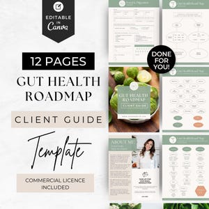 May include: A 12-page gut health roadmap client guide template with a green and white color scheme. The template includes sections on food and digestion, gut health roadmaps, and an about me section. The template is editable in Canva and includes a commercial license.