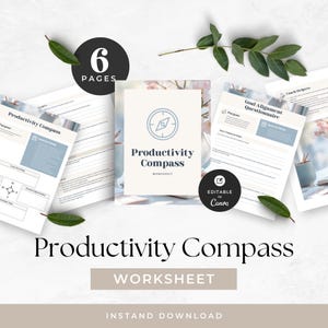May include: A six-page Productivity Compass worksheet set featuring goal alignment questionnaires and planning templates. The documents include text headers like Productivity Compass, Purpose, Instructions, and Goal Alignment Questionnaire, with a compass icon.