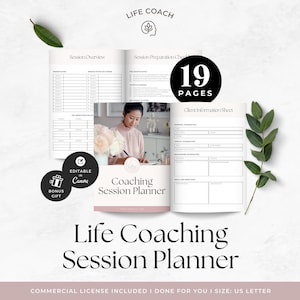 May include: A 19-page life coaching session planner template featuring a session overview, preparation checklist, and client information sheet. The document includes text fields for personal details, goals, and objectives, and is editable in Canva.