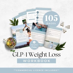 May include: A 105-page GLP-1 Weight Loss Journey Workbook with editable Canva templates. The set includes multiple printed pages, a tea cup with floral contents, and gold binder clips, all featuring blue accents and wellness-themed imagery.