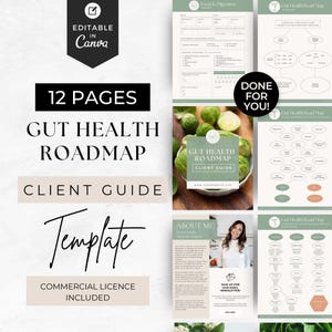 May include: A 12-page gut health roadmap client guide template featuring editable text, charts, and diagrams in a sage green and white color scheme. The document includes sections for food and digestion tracking, health coaching, and wellness planning.