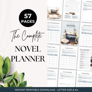 Pode incluir: Um planejador de romances imprimível de 57 páginas com uma capa apresentando uma ilustração de uma máquina de escrever vintage e o texto The Complete Novel Planner. O conjunto inclui vários modelos organizacionais como fichas de personagens e agendas.