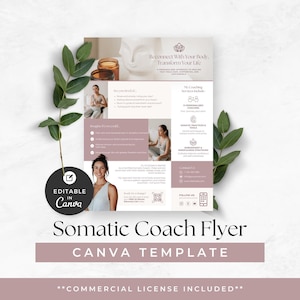 Può includere: Un modello di volantino rettangolare per un coach somatico con una tavolozza di colori tenui, foto di una persona in pose meditative e sezioni di testo che descrivono servizi, contatti e un codice QR, con un'etichetta circolare nera.