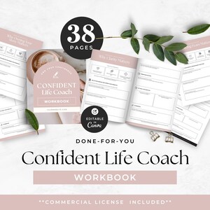 Könnte beinhalten: Eine 38-seitige Confident Life Coach Arbeitsbuch-Vorlage mit blassrosa und weißen Seiten, die strukturierte Abschnitte für Reflexionen, Übungen und Handlungsschritte enthält, inklusive Textüberschriften wie Why Clarity Matters.