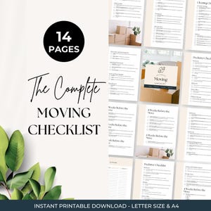 May include: A 14-page printable moving checklist document set featuring black text on a white background. The pages include various organizational lists, decluttering guides, and timelines for moving, with some pages showing cardboard boxes.