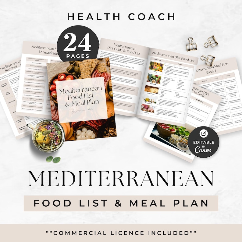 Mediterranean Food List and Meal Plan
Lead Magnet Ebook 
Canva Editable Template
Commercial license included
24 Pages